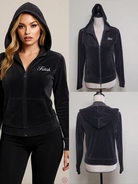 Rare 90s Vintage Fetish By Eve Spell Out Black Velvet Fitted Zip-Up Hoodie S